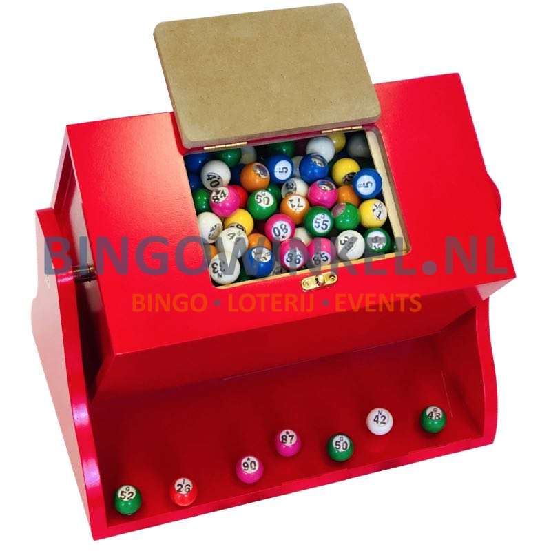 Loterij trommel hout rood inhoud bingoballen